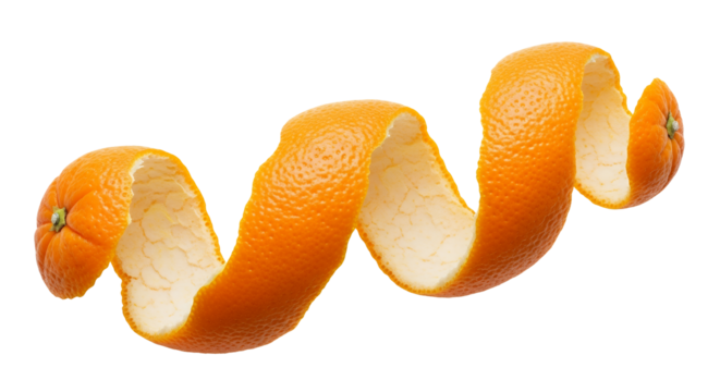 A single, long, continuous spiral of fresh orange peel, white background isolated