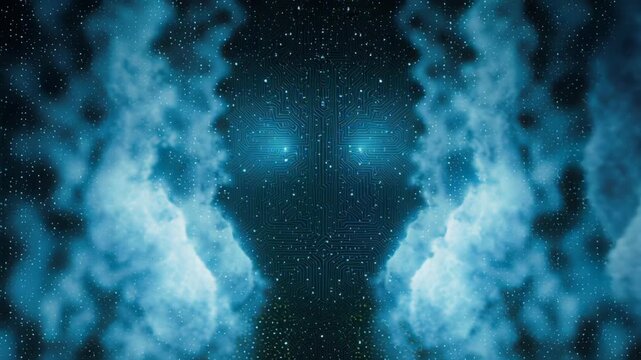 Digital Face Emerges from Clouds in Cosmic Environment, Showcasing Technology Integration and Abstract Fusion of Imagination in DevSecOps