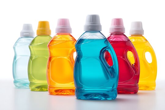 Colorful Liquid Detergent Bottles in a Row on White Surface Clean bright style