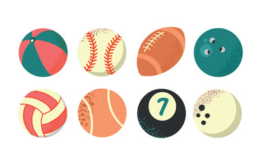 Obraz premium Sport Set Collection of different balls beach ball, baseball, rugby, bowling, volleyball, tennis, billiards, golf