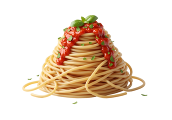 Pile of spaghetti with tomato sauce and herbs.