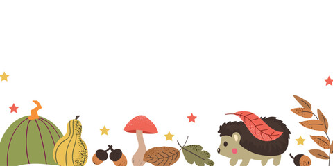 Autumn 3 horizontal background banner with leaves, acorns, pumpkin, hedgehog and mushrooms