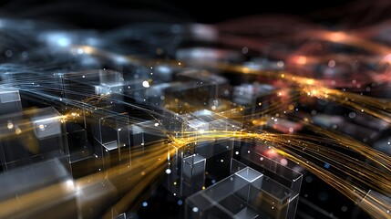 A 3D representation of a complex code structure, with interconnected data blocks and glowing information streams, floats in a dark digital space.