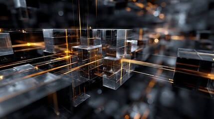 A 3D representation of a complex code structure, with interconnected data blocks and glowing information streams, floats in a dark digital space.