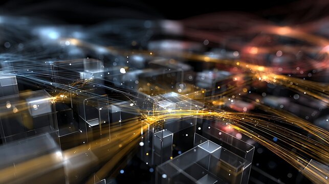 A 3D representation of a complex code structure, with interconnected data blocks and glowing information streams, floats in a dark digital space.