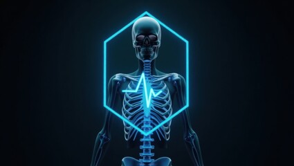 Anatomical Human Skeleton with Glowing Blue Heartbeat and Geometric Overlay Representing Health Data Science