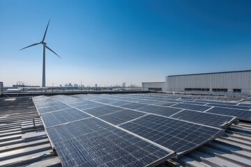 Rooftop Solar Panels & Wind Turbine Cityscape Background