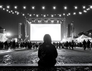 Person watching a blank outdoor screen at night