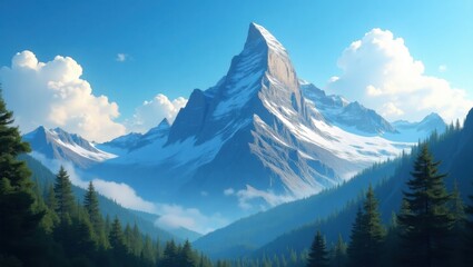 Majestic Snow Capped Mountain Peaks Under a Bright Blue Sky with Lush Green Forests