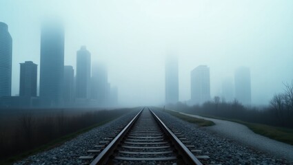 Obraz premium Misty Train Tracks Leading to a Fog-Shrouded City Skyline
