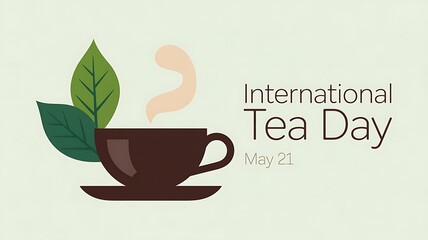 Illustration celebrating international tea day with a steaming cup and fresh leaves
