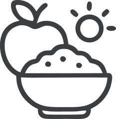 Outline drawing of a bowl with porridge and an apple next to a small sun icon