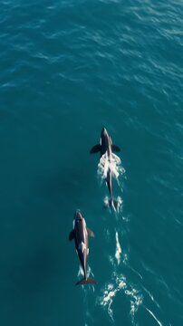 Realistic Video of Two Orcas Swimming in Deep Blue Open Ocean