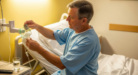 Man in hospital gown adjusting oxygen mask attached to iv drip in hospital room with bed and bedside table