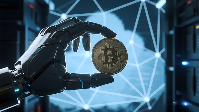 Futuristic Robotic Hand Holding Bitcoin in a High-Tech Environment