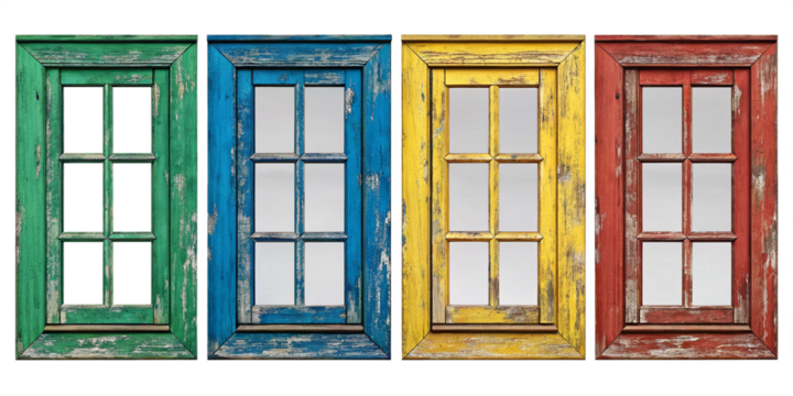 "Colorful Rustic Window Frames – Vintage Distressed Digital Art on Transparent Background"
"Weathered Multicolored Old Windows – Nostalgic Vintage Frames Digital Artwork PNG"
