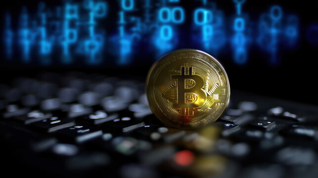Bitcoin on a keyboard with binary code representing cryptocurrency - Powered by Adobe