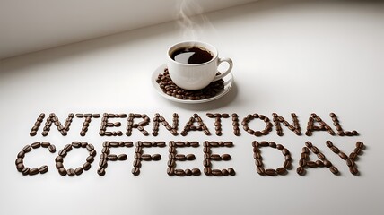 International coffee day celebration with a cup of coffee and beans