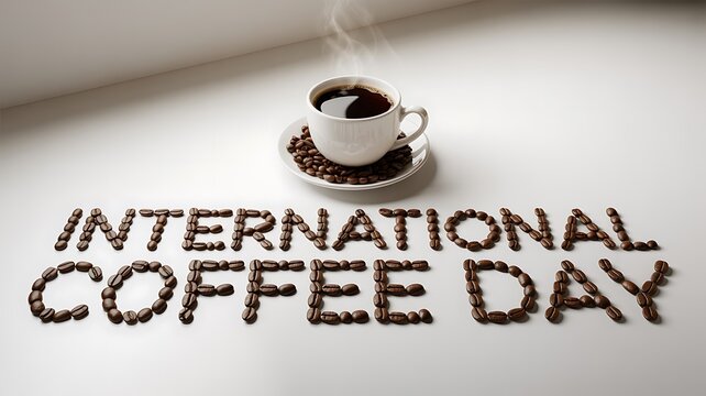 International coffee day celebration with a cup of coffee and beans