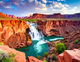 Stunning vista of a waterfall cascading into a turquoise pool nestled in a vibrant red canyon landscape