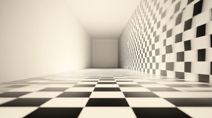 Abstract monochrome checkered floor and wall in empty room.