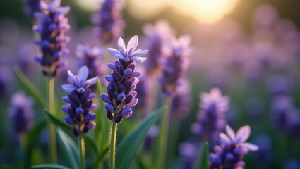 Obraz premium Close up of fragrant purple lavender flowers in a sunny field at sunset