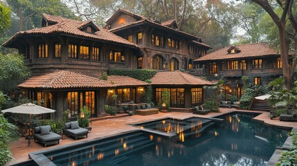 Obraz premium Ornate Heritage Mansion with Glowing Windows and Reflecting Pool at Dusk