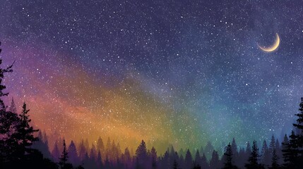 Fototapeta premium Starry Night Sky with Crescent Moon Over Forest Landscape