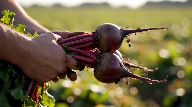 a beet in the hands of a man. selective focus