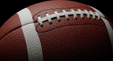 A classic brown American football with white stripes rests perfectly centered on a vibrant green artificial turf field, ready for game day.