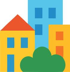 Architecture Colorful cartoon cityscape illustration featuring a house, buildings, and a green bush in a vibrant style