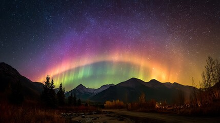 Aurora Borealis Dancing Over Mountains at Night with Starry Sky