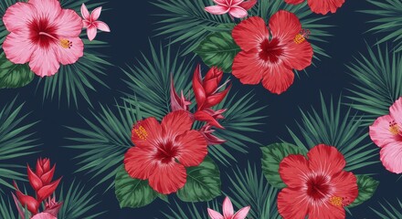 Tropical Flowers and Palm Leaves Seamless Pattern Design