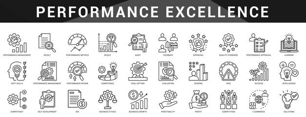 A collection of icons focused on performance measurement, KPI, and continuous review for excellence and growth in organizational success.  