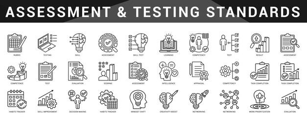 Focused icon bundle for assessments, quizzes, skill tests, and result evaluations in various professional domains.  