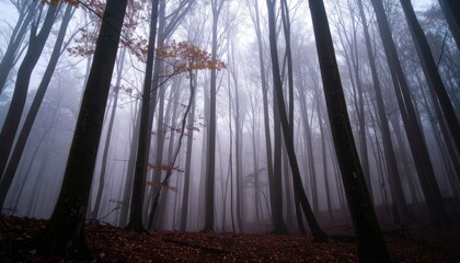 Serene dark forest enveloped in thick fog evoking a sense of mystery and natural beauty