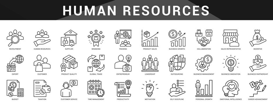 Icons reflecting human resource management, recruitment, motivation, and employee growth.  