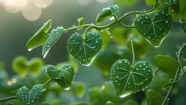 Heart-shaped green leaves covered in morning dew with sunlight and a soft focus backgroun