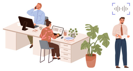 Office setup with professionals working on computers, making calls, and reviewing files beside potted plants. Ideal for teamwork, productivity, collaboration, technology, communication, workplace