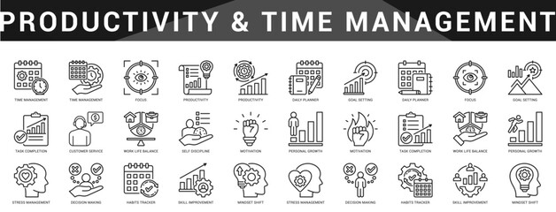 Productivity enhancing icons for time tracking, deep focus, planning, goal setting, and balanced work routines.