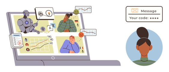 Laptop with virtual meeting, AI robot, diverse participants analyzing data, chats, charts, codes, messages. Ideal for remote work, education AI interaction teamwork analytics digital tools