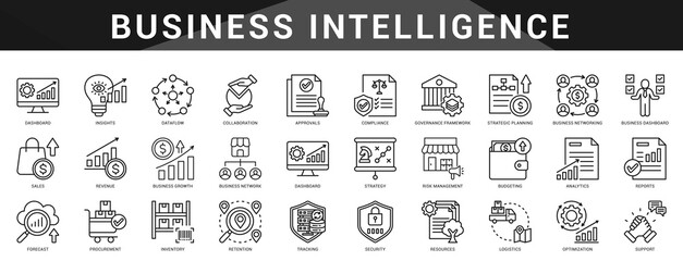 Icon set for business intelligence including dashboard, forecasting, analysis, insights, and data driven planning.