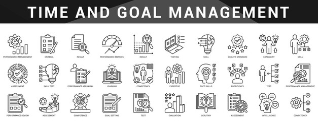 Essential icons for time management, planning, and goal setting to build effective schedules and master your productivity flow day after day.