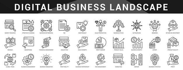 Essential digital business icons from ecommerce to automation and analytics, designed for modern tech enabled business operations.