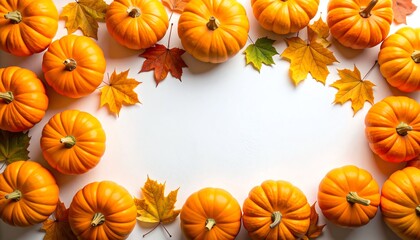 Circle of vibrant orange pumpkins surrounded by colorful autumn leaves on a light surface