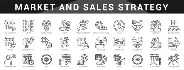 Complete set of icons for marketing and sales strategy including customer journeys, funnels, branding, conversion, and audience targeting.
