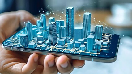 "Hand holds smartphone with 3D futuristic city model for smart infrastructure digital technology innovation urban planning connectivity network modern solution development concept. - Powered by Adobe