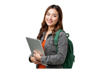 Smiling young asian female student with backpack holding a laptop isolated on transparent background