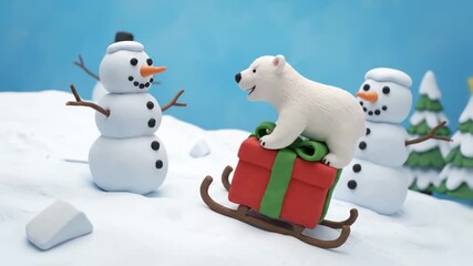 Claymation polar bear cub sledding down a snowy hill on a wrapped gift box and crashing into snowmen - Powered by Adobe