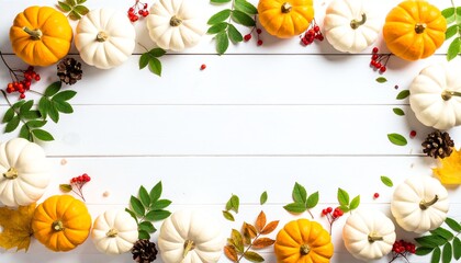 Elegant white pumpkin surrounded by colorful autumn leaves on a white wooden background